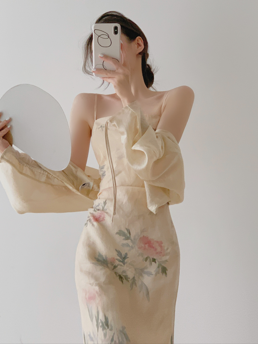 Lan Ruo Floral Print Oriental Cami Dress-The Black Bow-