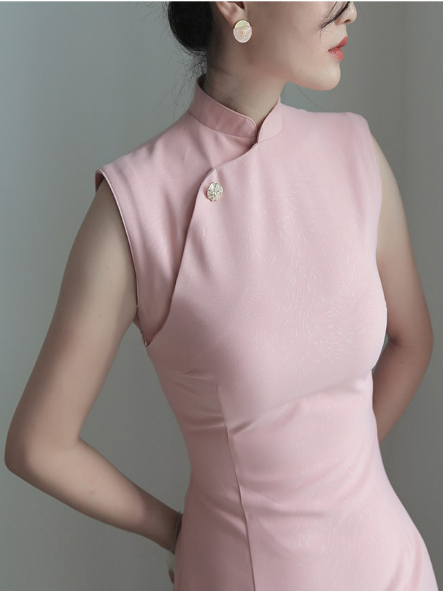 Jin Lei Jacquard Sleeveless Mandarin Collar Cheongsam-The Black Bow-