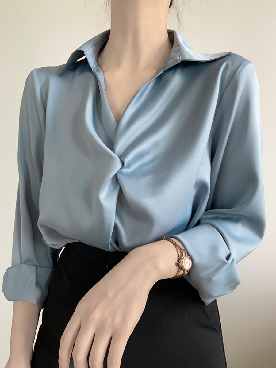 Yarley Satin Front Knot Collared Shirt (Discounted-M, L size)-The Black Bow-