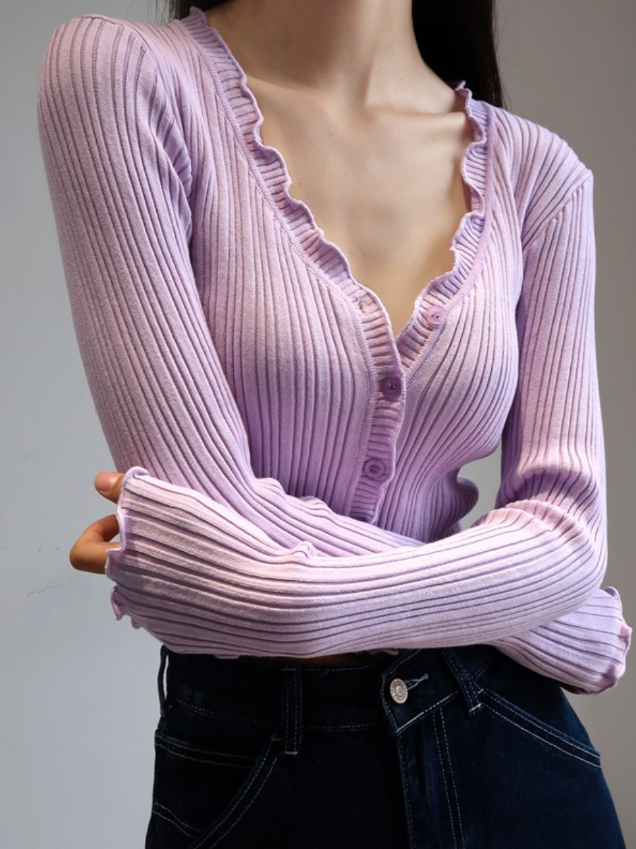 Eartha Ruffle Trim Long Sleeve Button Knit Top-The Black Bow-