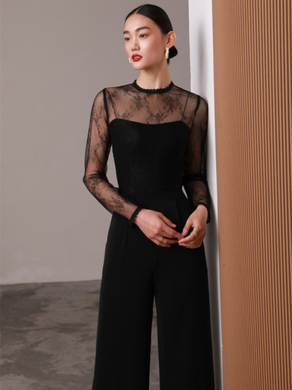 Gladys Sheer Shoulder Lacey Culottes Jumpsuit-The Black Bow-