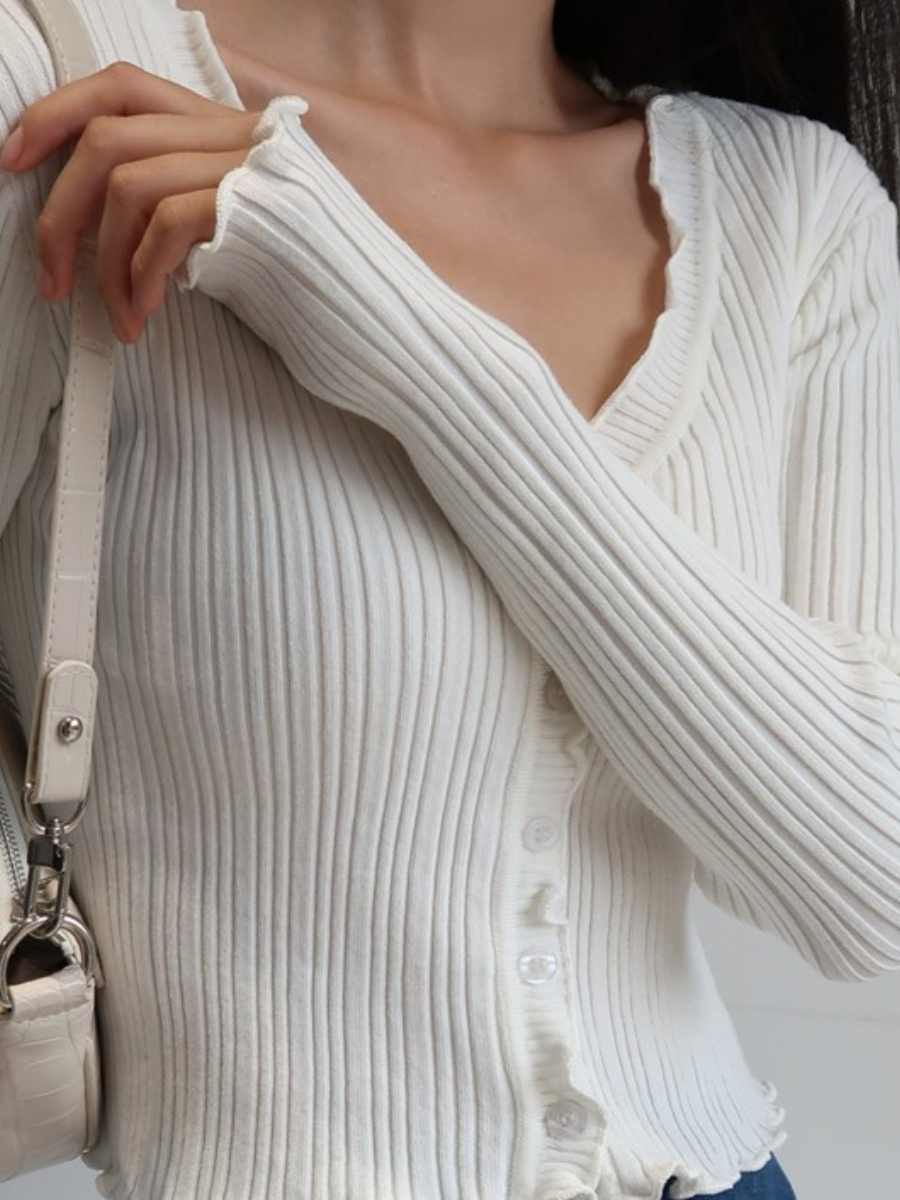 Eartha Ruffle Trim Long Sleeve Button Knit Top-The Black Bow-