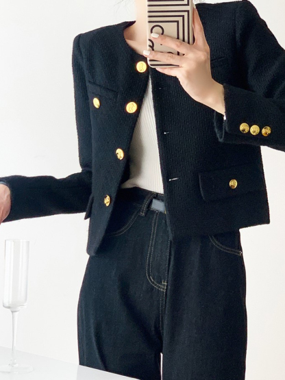 Luca Round Collar Jacket with Golden Button-The Black Bow-