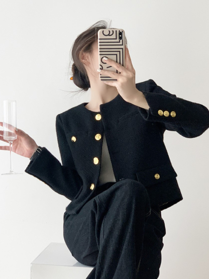 Luca Round Collar Jacket with Golden Button-The Black Bow-