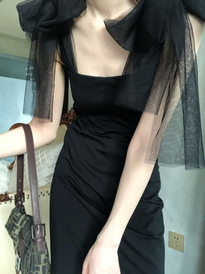 Waelyn Mesh Ribbon Tie Dress-The Black Bow-