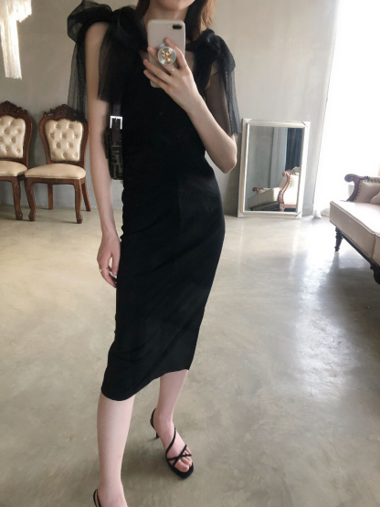 Waelyn Mesh Ribbon Tie Dress-The Black Bow-