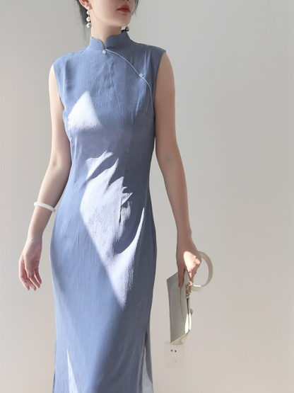 Yin Hui Sleevesless Simple Mandarin Collar Cheongsam-The Black Bow-