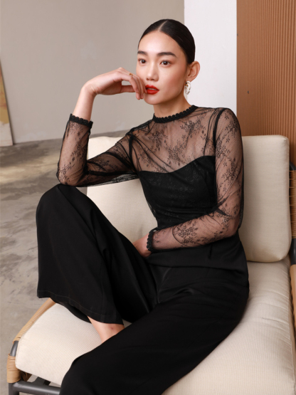 Gladys Sheer Shoulder Lacey Culottes Jumpsuit-The Black Bow-