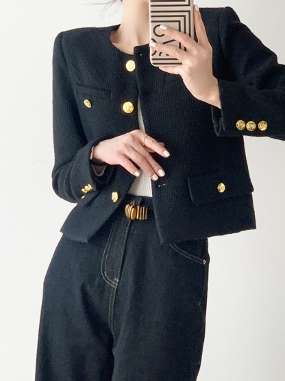 Luca Round Collar Jacket with Golden Button-The Black Bow-