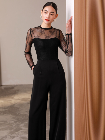 Gladys Sheer Shoulder Lacey Culottes Jumpsuit-The Black Bow-