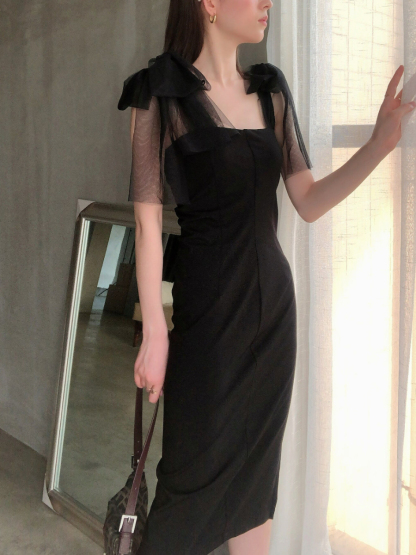 Waelyn Mesh Ribbon Tie Dress-The Black Bow-