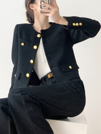 Luca Round Collar Jacket with Golden Button-The Black Bow-