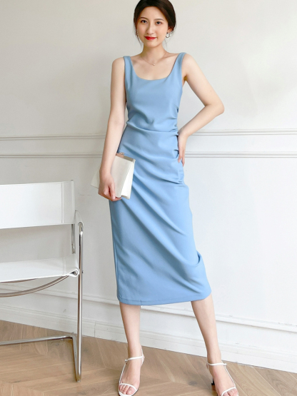 Micah Side Ruched Midi Dress-The Black Bow-
