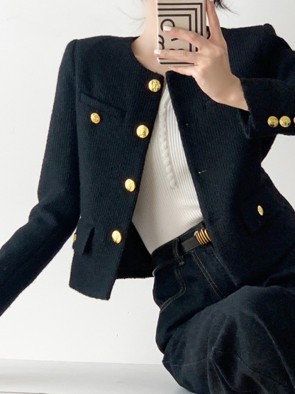 Luca Round Collar Jacket with Golden Button-The Black Bow-