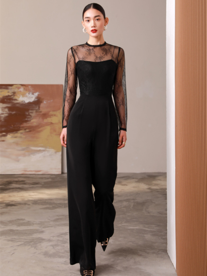 Gladys Sheer Shoulder Lacey Culottes Jumpsuit-The Black Bow-