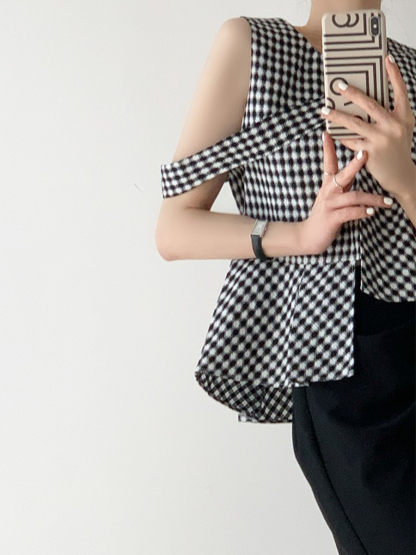 Daphne Asymmetrical Sleeveless Top (Checked)-The Black Bow-