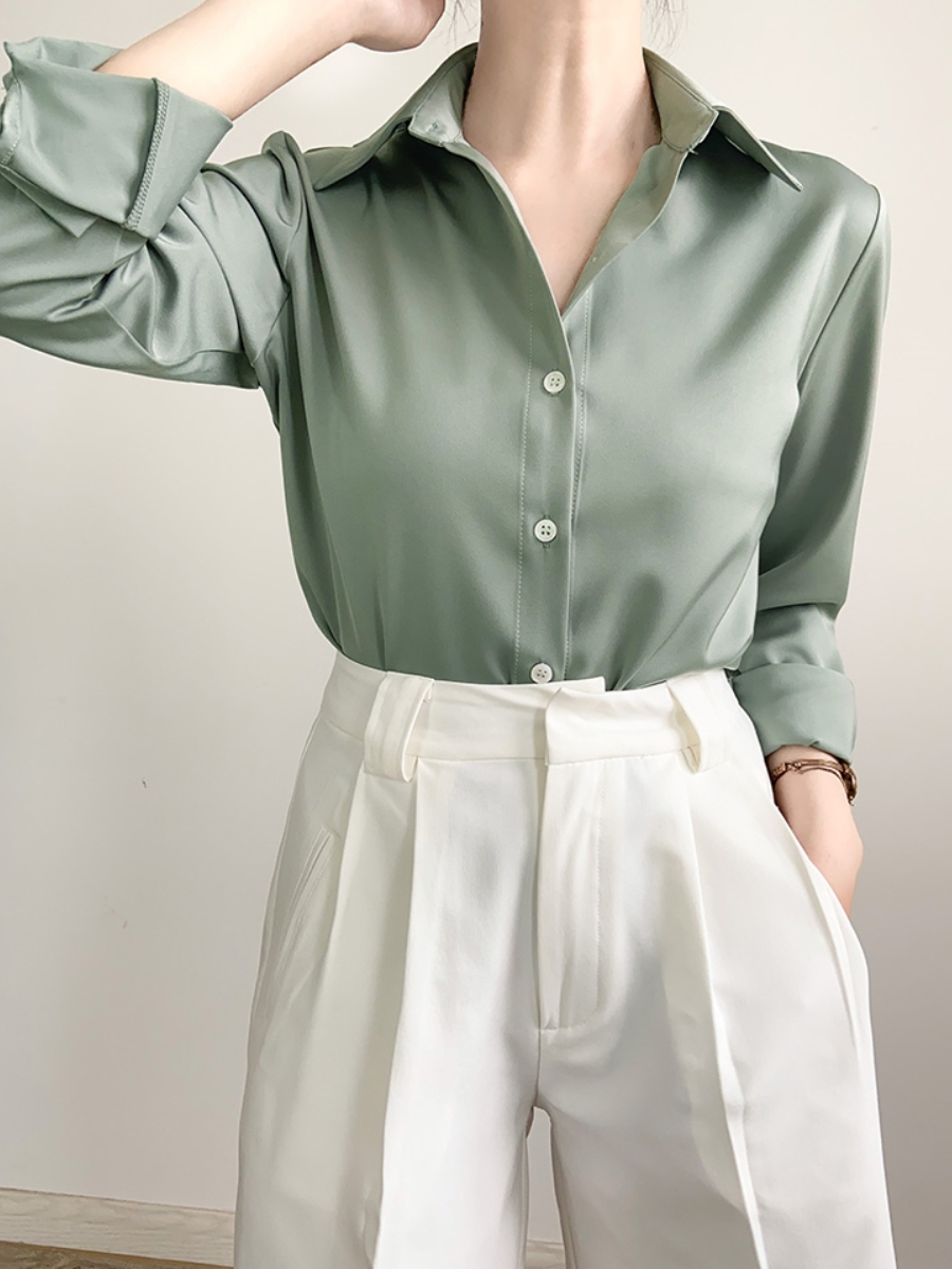 Merrill Silky Long Sleeve Collared Shirt (Discounted-S, L Size)-The Black Bow-