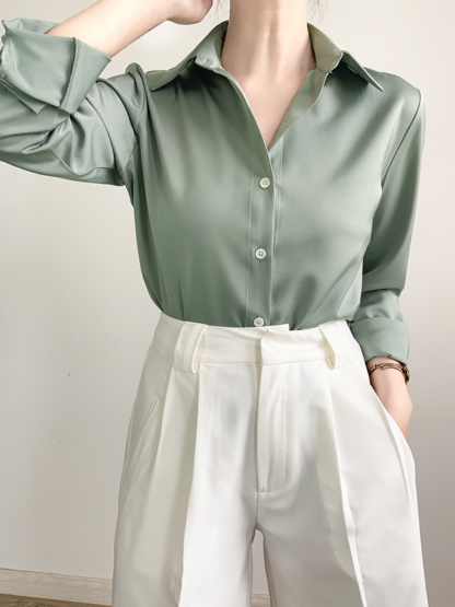 Merrill Silky Long Sleeve Collared Shirt (Discounted-S, L Size)-The Black Bow-