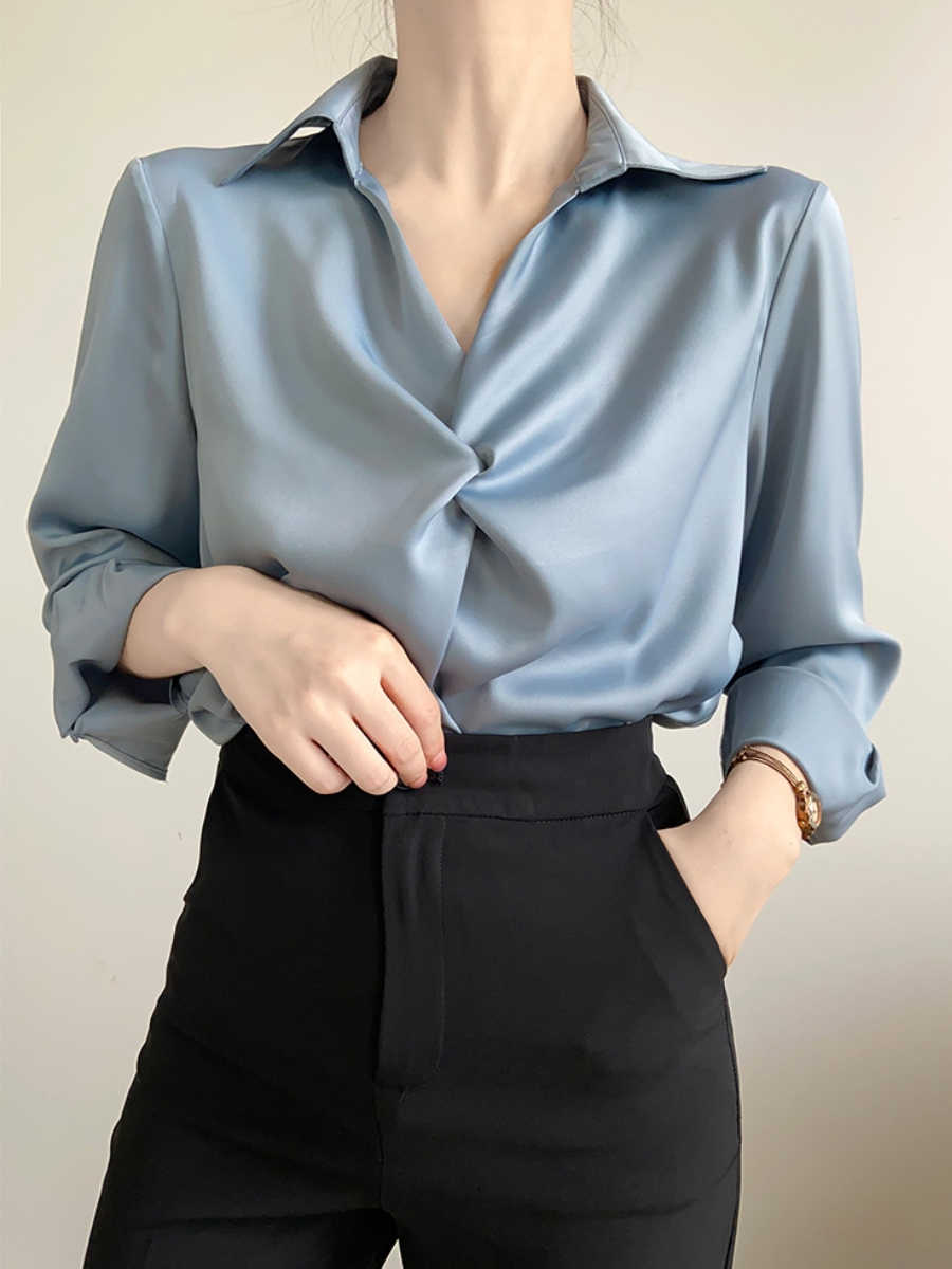 Yarley Satin Front Knot Collared Shirt (Discounted-M, L size)-The Black Bow-