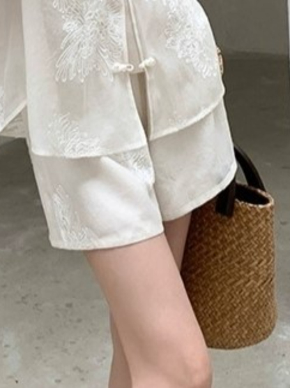 Cang Lan Long Sleeve Graceful Embroidered Set-Ivory (Skirt & Shorts)-The Black Bow-