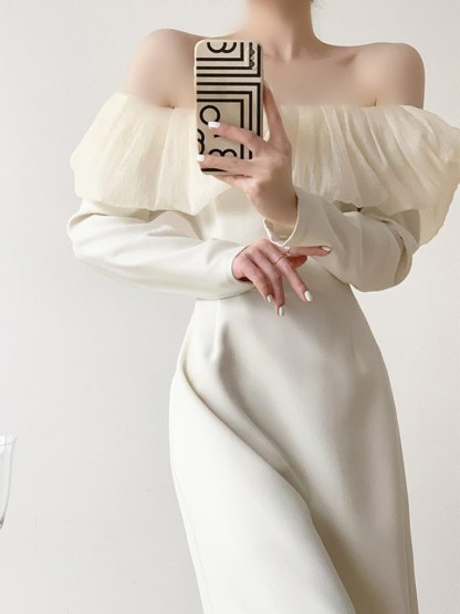 Jeady Off Shoulder Long Sleeve Midi Dress-The Black Bow-