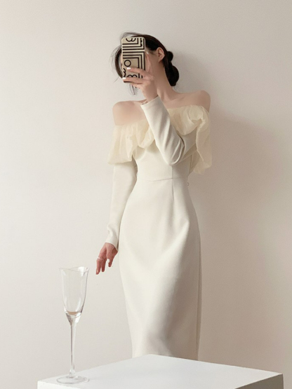 Jeady Off Shoulder Long Sleeve Midi Dress-The Black Bow-