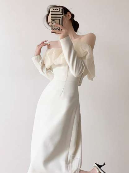Jeady Off Shoulder Long Sleeve Midi Dress-The Black Bow-