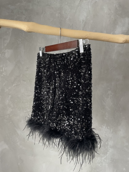 Kinlay Feather Trimmed Sequin Skirt (Disocunted-S size)-The Black Bow-