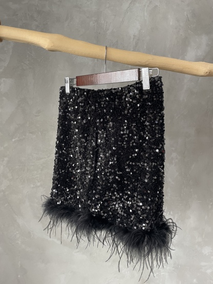 Kinlay Feather Trimmed Sequin Skirt (Disocunted-S size)-The Black Bow-
