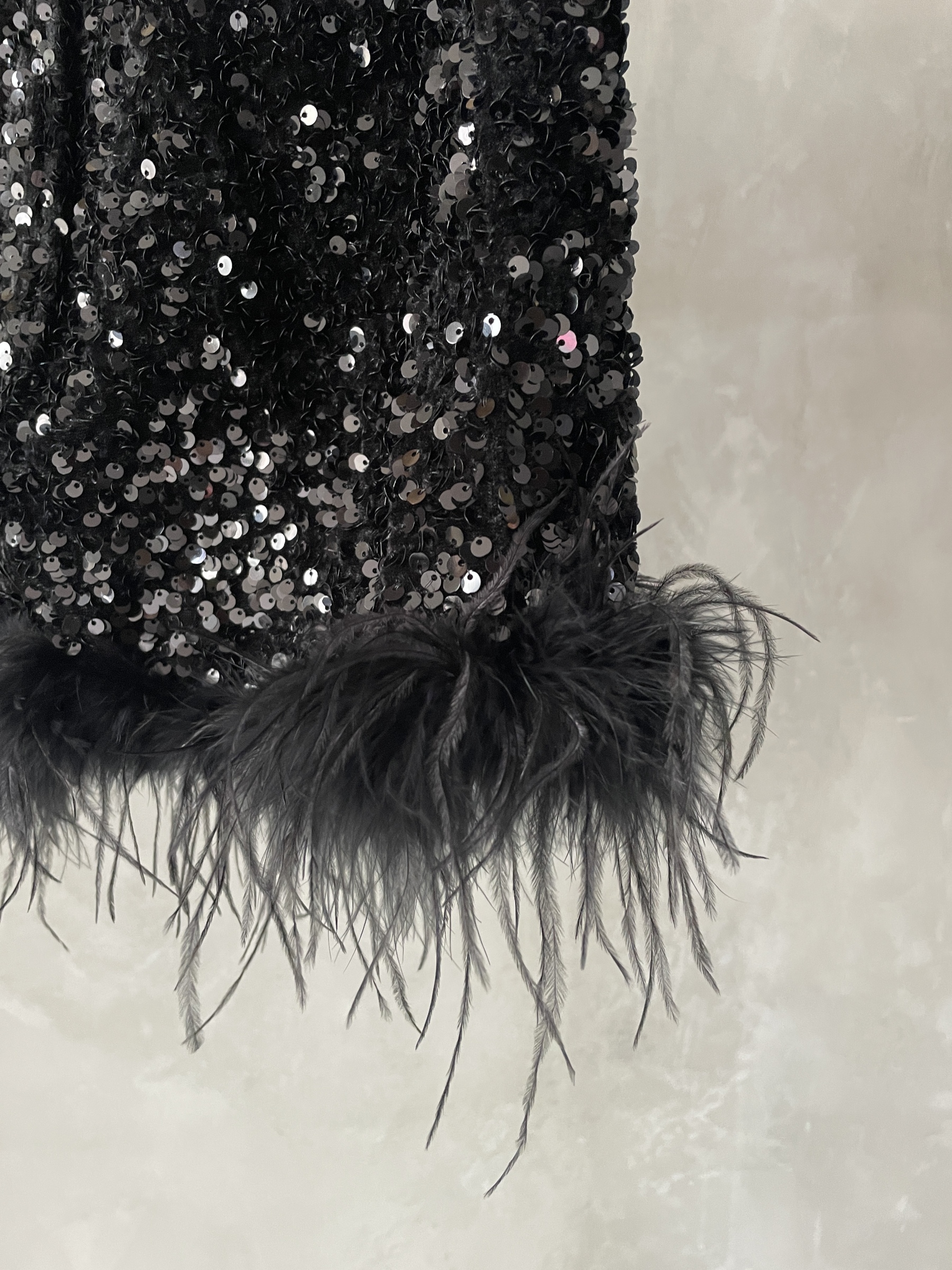 Kinlay Feather Trimmed Sequin Skirt (DisocuntedS size) The Black Bow