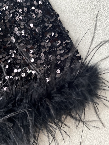 Kinlay Feather Trimmed Sequin Skirt (Disocunted-S size)-The Black Bow-
