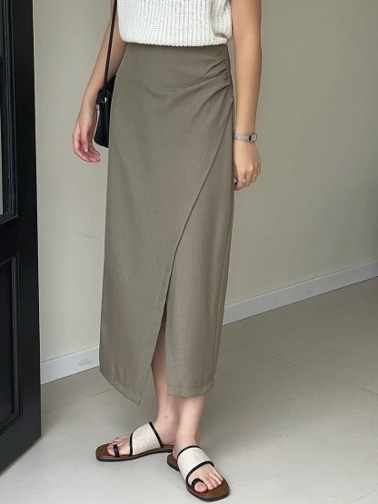 Sandrine Ruched Waist Asymmetric OL Skirt (Discounted-S, M, L size)-The Black Bow-
