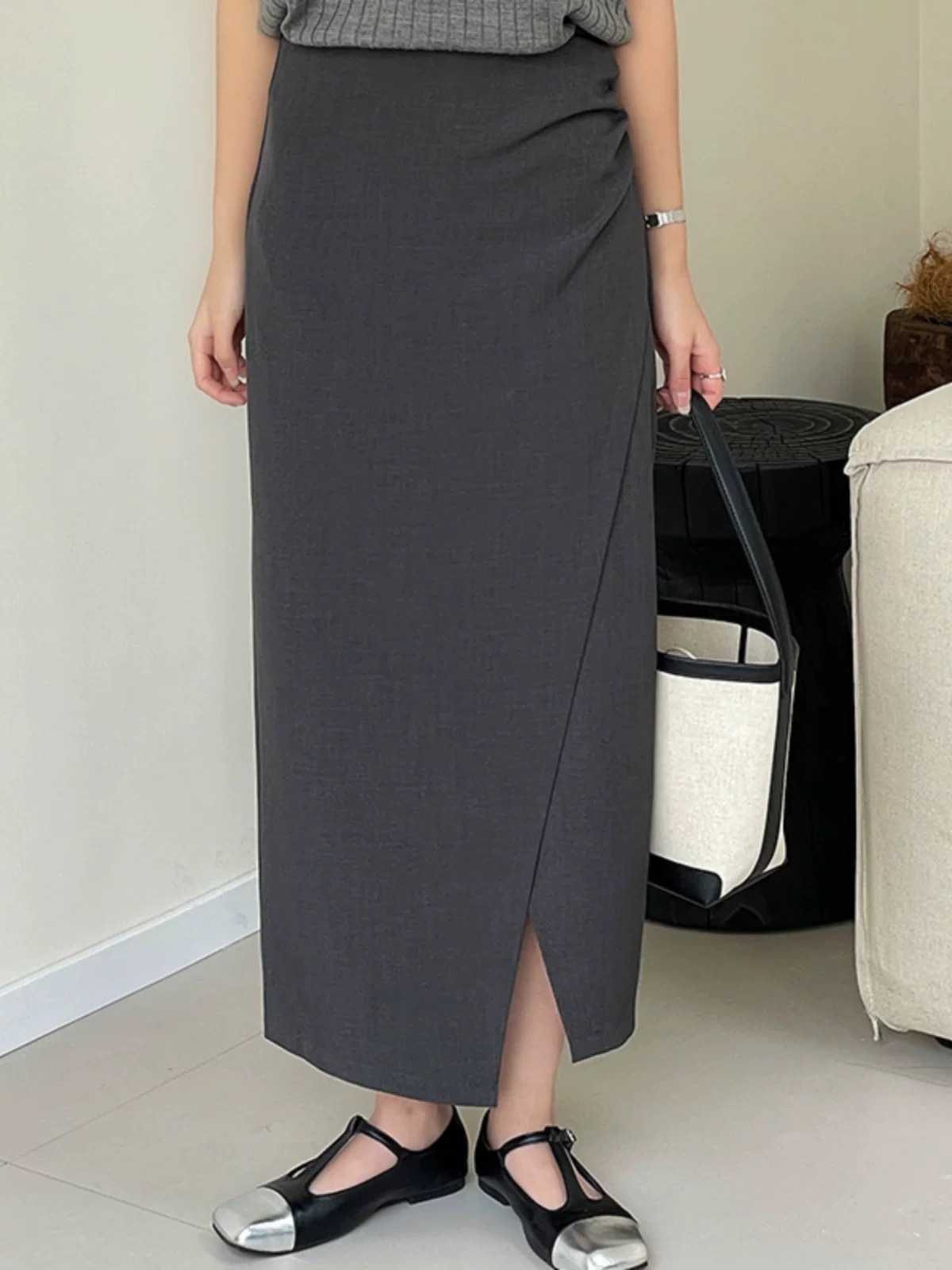 Sandrine Ruched Waist Asymmetric OL Skirt (Discounted-S, M, L size)-The Black Bow-