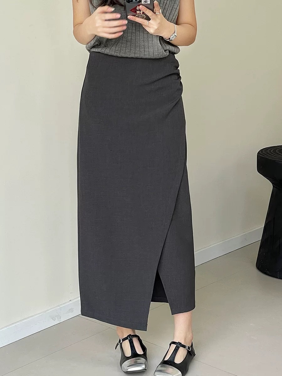 Sandrine Ruched Waist Asymmetric OL Skirt (Discounted-S, M, L size)-The Black Bow-