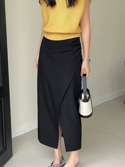 Sandrine Ruched Waist Asymmetric OL Skirt (Discounted-S, M, L size)-The Black Bow-