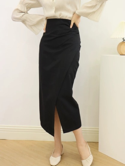 Sandrine Ruched Waist Asymmetric OL Skirt (Discounted-S, M, L size)-The Black Bow-