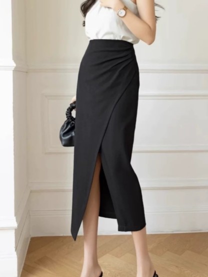 Sandrine Ruched Waist Asymmetric OL Skirt (Discounted-S, M, L size)-The Black Bow-