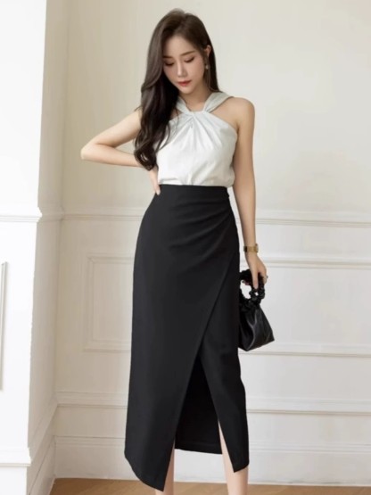 Sandrine Ruched Waist Asymmetric OL Skirt (Discounted-S, M, L size)-The Black Bow-