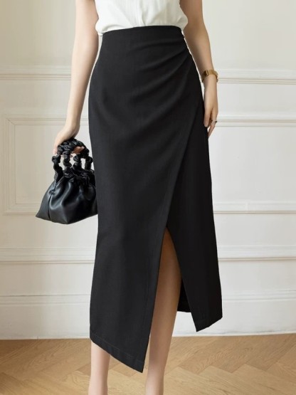 Sandrine Ruched Waist Asymmetric OL Skirt (Discounted-S, M, L size)-The Black Bow-