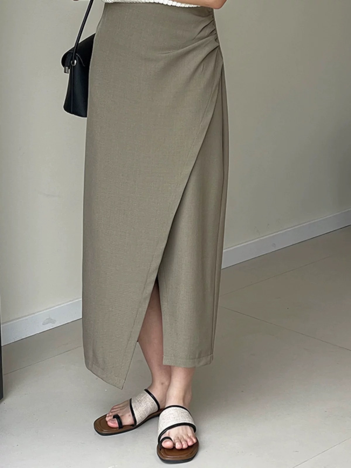 Sandrine Ruched Waist Asymmetric OL Skirt (Discounted-S, M, L size)-The Black Bow-