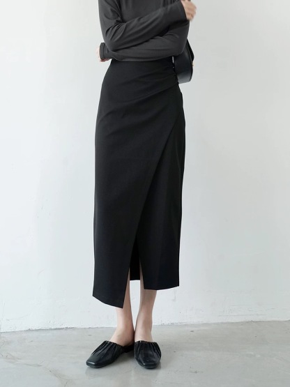 Sandrine Ruched Waist Asymmetric OL Skirt (Discounted-S, M, L size)-The Black Bow-