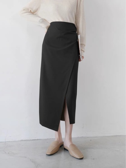 Sandrine Ruched Waist Asymmetric OL Skirt (Discounted-S, M, L size)-The Black Bow-