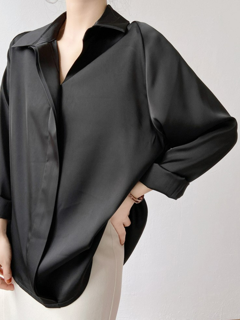 Jennica Hidden Button Satin Shirt (Discounted-XS Size)-The Black Bow-
