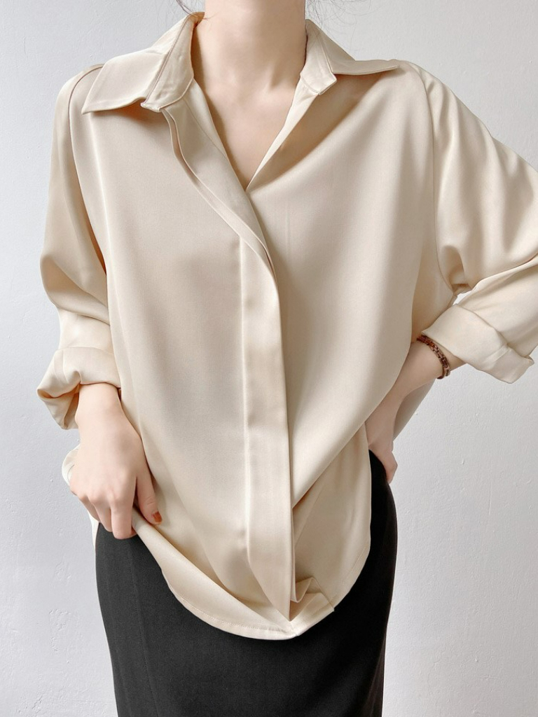 Jennica Hidden Button Satin Shirt (Discounted-XS Size)-The Black Bow-