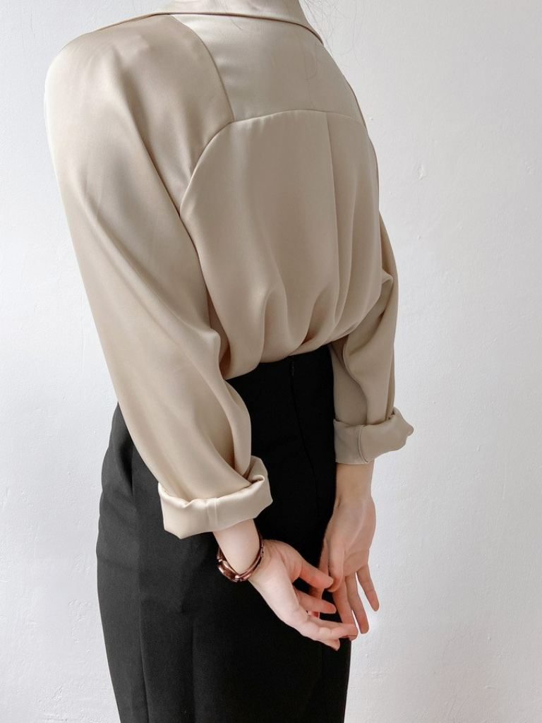 Jennica Hidden Button Satin Shirt (Discounted-XS Size)-The Black Bow-