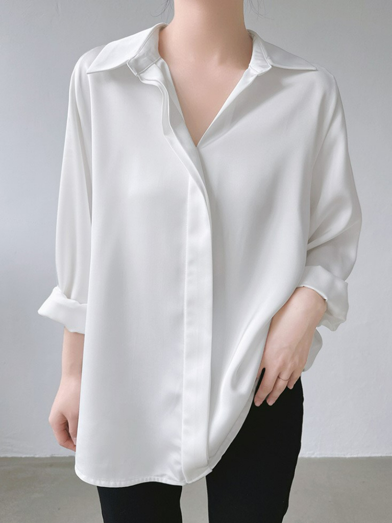 Jennica Hidden Button Satin Shirt (Discounted-XS Size)-The Black Bow-