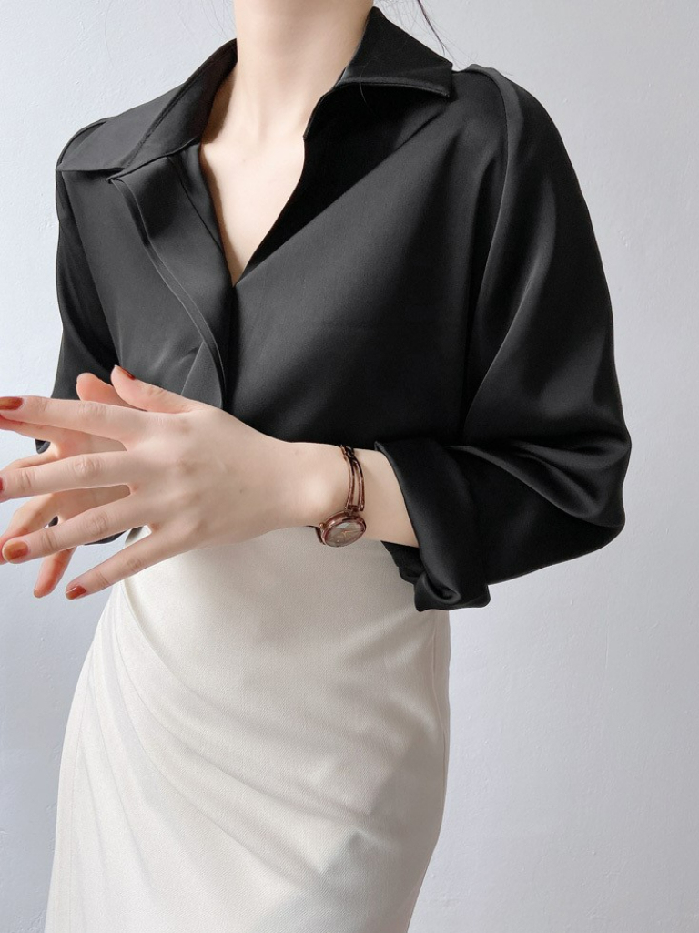 Jennica Hidden Button Satin Shirt (Discounted-XS Size)-The Black Bow-