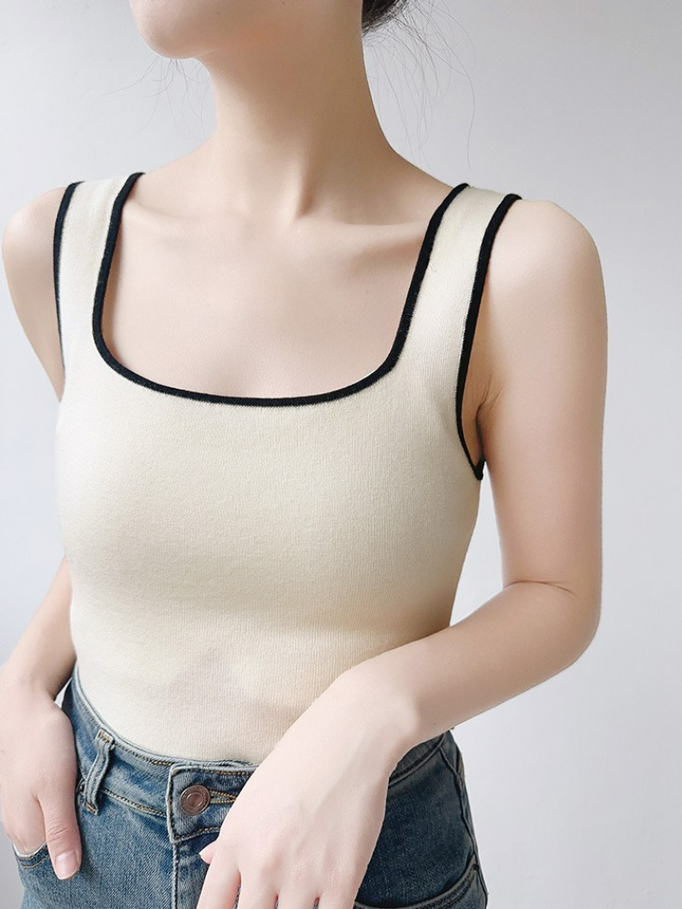 Jenaya Contrast Binding Square Neck Knit Top (Discounted-Free size)-The Black Bow-