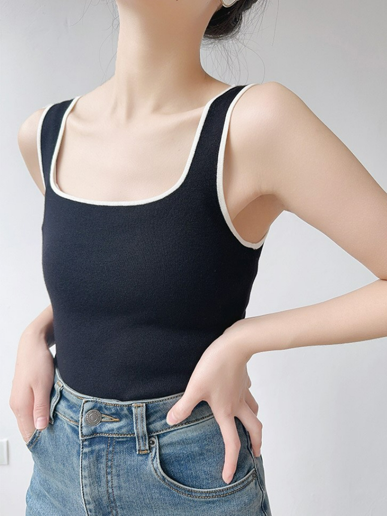 Jenaya Contrast Binding Square Neck Knit Top (Discounted-Free size)-The Black Bow-