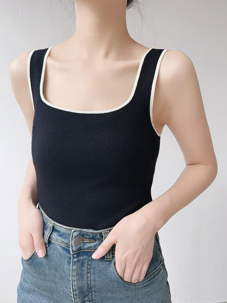 Jenaya Contrast Binding Square Neck Knit Top (Discounted-Free size)-The Black Bow-